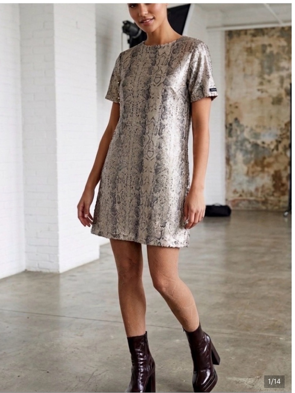 Karlie Sequin Snake Print Shift Dress in Neutral Tones Size Medium